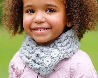 Toddler scarf button scarflette girls womens sizes chunky crochet cowl warm cozy fall knits winter knitwear gifts for her light grey gray