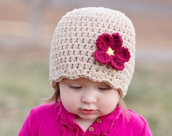 Toddler girl hat 40 flower colors custom khaki brown winter crochet flapper beanie newborn baby - womens sizes personalized gift for her