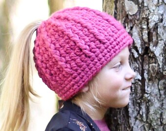 Girls ponytail hat 39 colors messy bun beanie chunky crochet for baby toddler women knit beanie unique gift for her mom dark raspberry pink