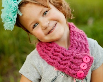 Pink toddler girl scarf chunky crochet button cowl warm winter scarves autumn knitwear cozy fall fashion unique gift for her dark raspberry