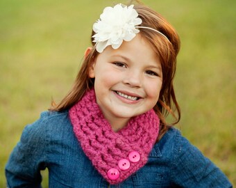 Toddler girl button scarf chunky crochet scarflette knit cowl cozy fall outerwear winter knitwear unique gift for her dark raspberry pink