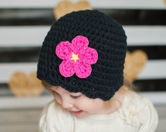 Toddler girl hat personalized 34 flower colors spring crochet flapper beanie newborn baby - womens sizes Mothers Day gift for her mom black