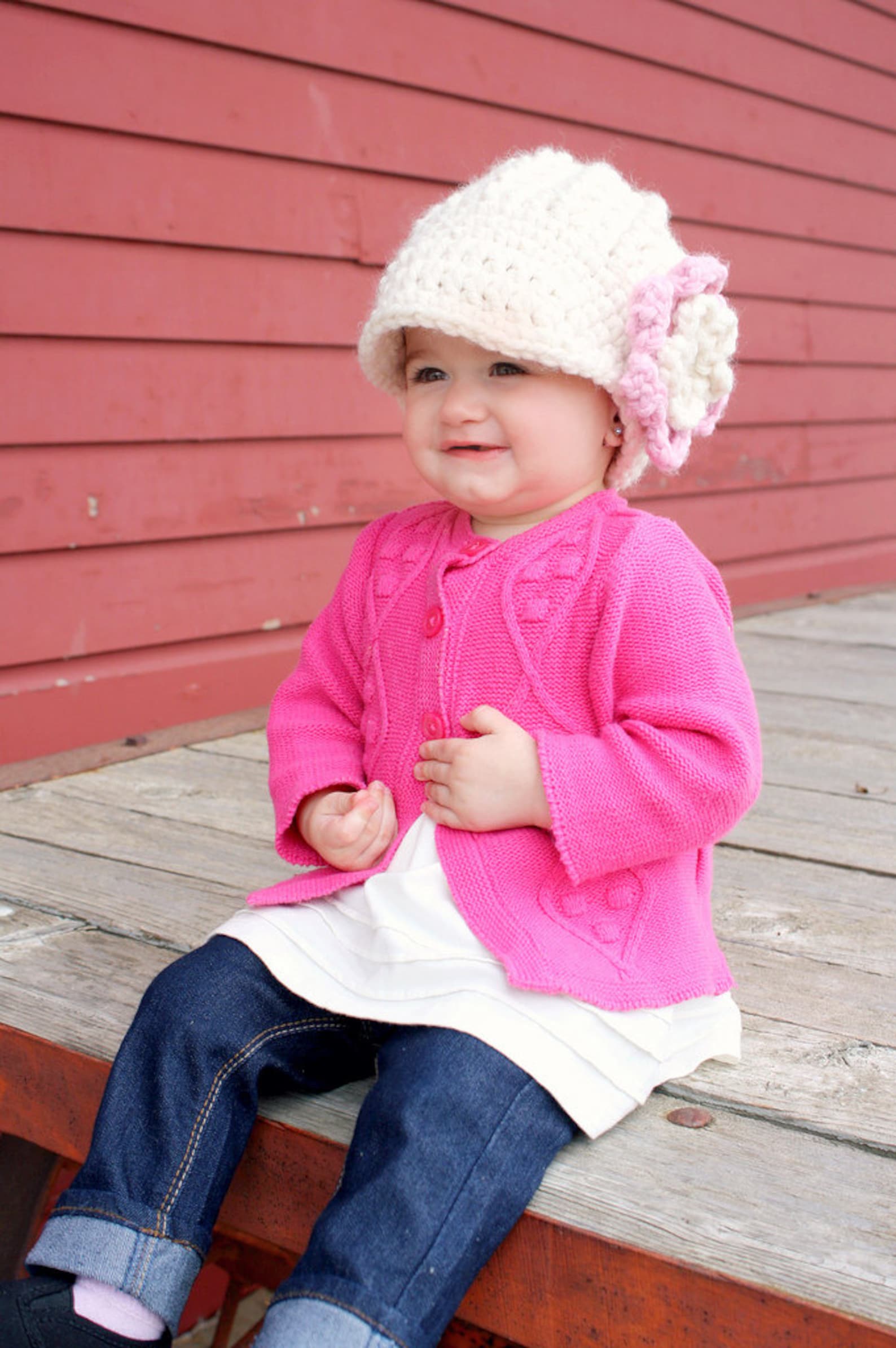 Baby Girl Flower Hat Cream Light Pink Chunky Crochet Winter Etsy