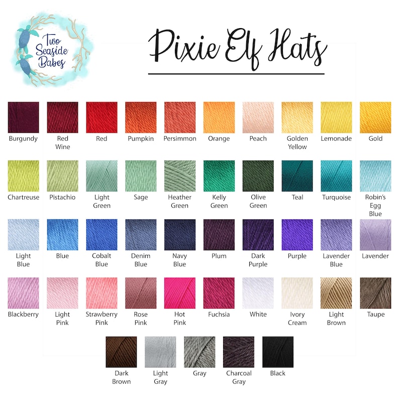The image is a color palette of various yarn colors, including burgundy, red wine, lemonade, gold, yellow, peach, lemon, lavender, and teal.