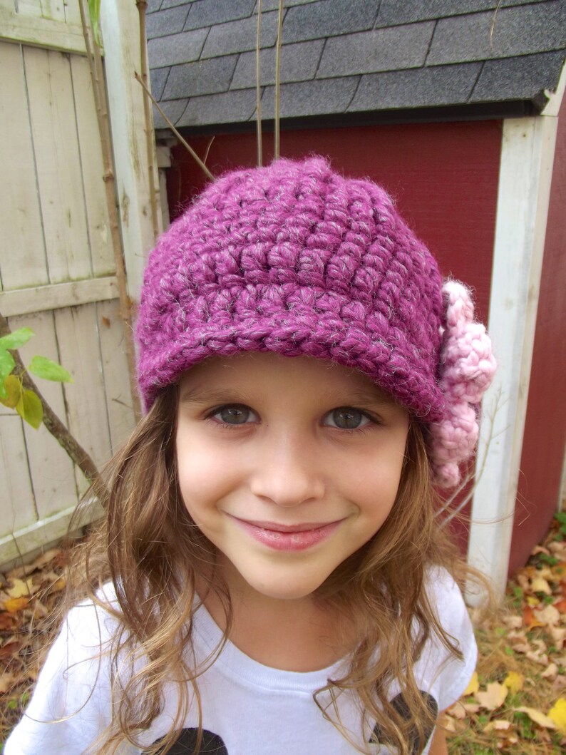 Toddler Girl Hat Purple Plum Light Pink Crochet Flower Chunky Etsy