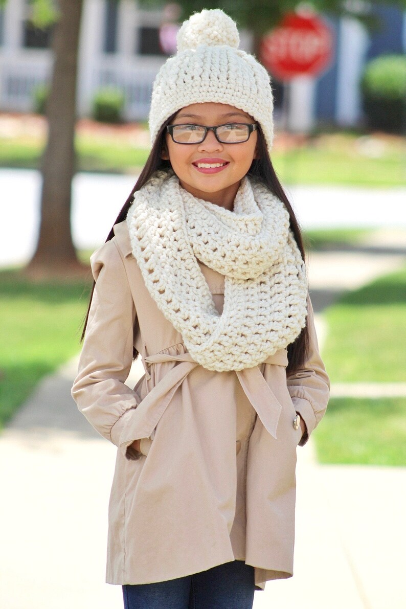 Girls winter hat 39 colors chunky crochet pom beanie cozy knit accessory fall fashion smaller larger sizes gift for her mom cream sparkle image 4