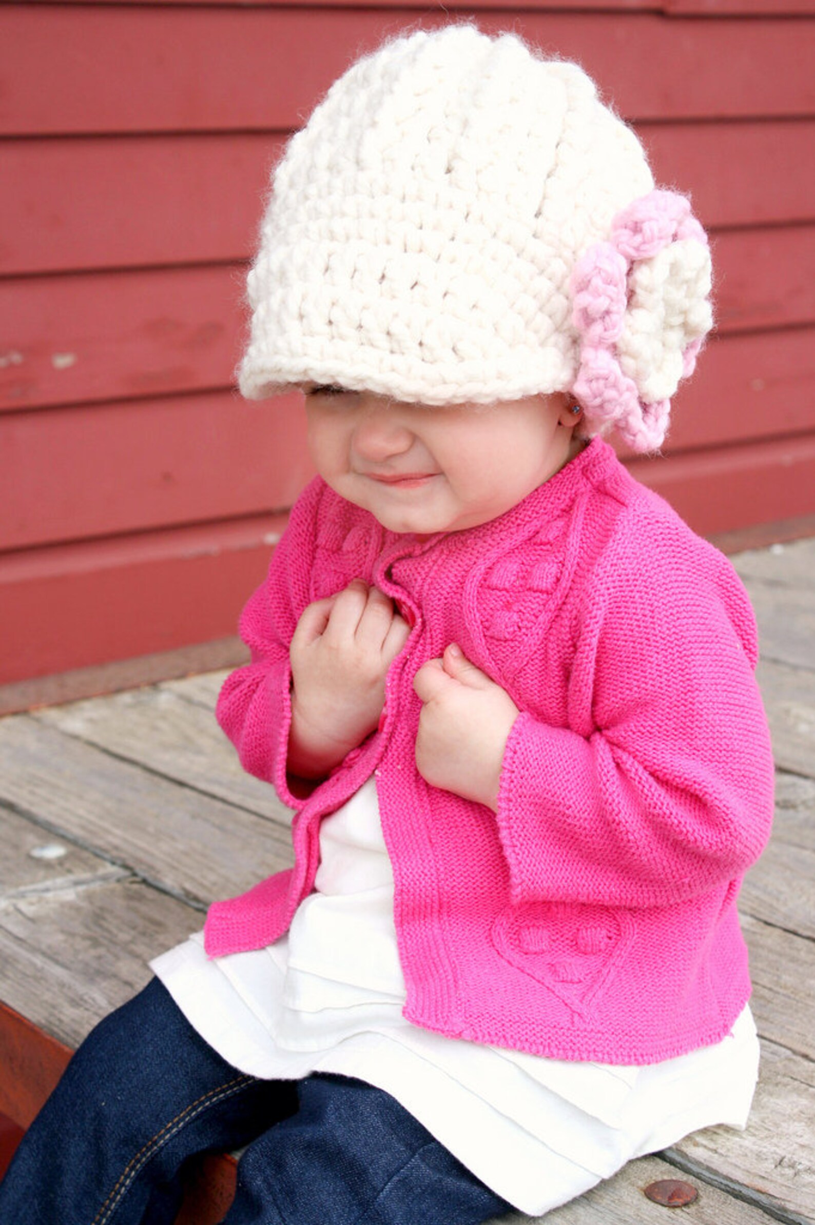Baby Girl Flower Hat Cream Light Pink Chunky Crochet Winter Etsy