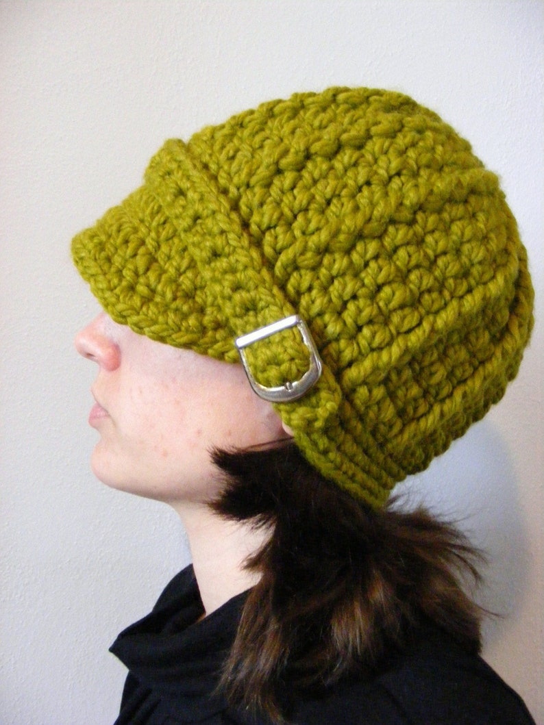 gift for her visor bill brim Women/'s green lemongrass winter hat with silver buckle chunky crochet knit woman/'s fall beanie