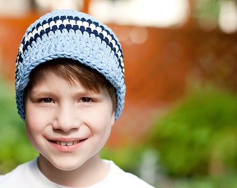 Light blue boys hat navy ecru baby toddler boy's mens striped visor beanie fall accessories autumn fashion winter knitwear gift for him