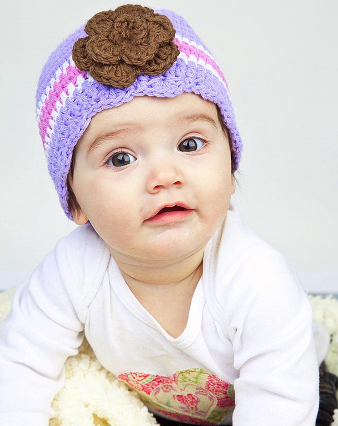 Baby Girl Hat Crochet Flower Winter Flapper Beanie Lavender White