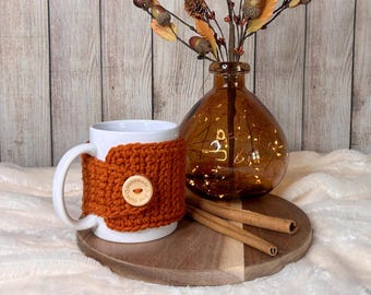 Pumpkin spice crochet mug cozy 65 colors, fits 12oz coffee cup, sweater weather cocoa warmer, tea cup cozies, stocking stuffer gift for her