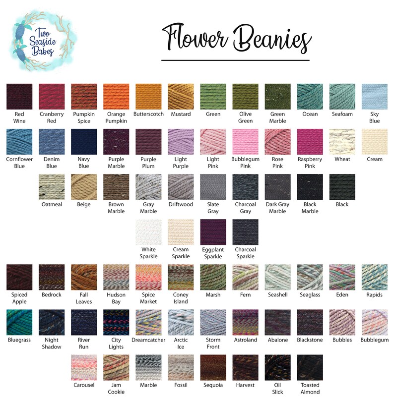 Puede incluir: Una tabla de colores de hilo con nombres para cada color. Los colores de hilo est&aacute;n dispuestos en filas y columnas. Los colores de hilo incluyen rojo, azul, verde, morado, rosa, marr&oacute;n, gris, blanco, negro y naranja. Los colores de hilo se nombran con palabras como "vino tinto", "azul aciano", "avena", "brillo blanco", "manzana especiada", "hierba azul", "carrusel" y "galleta de mermelada".