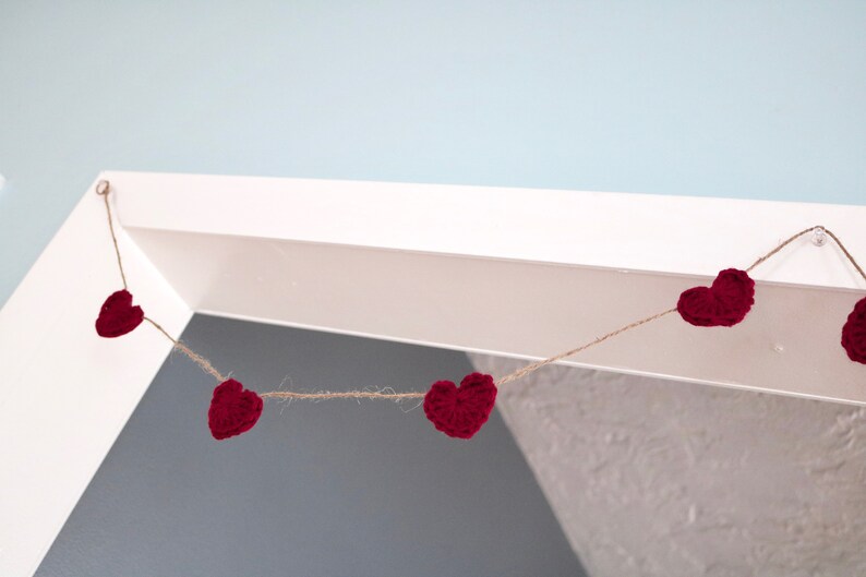 Dark red Valentine's Day heart garland rustic farmhouse home decoration for mantel bunting baby shower nursery decor crochet 30 45 60 inch image 5