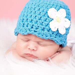 Baby girl hat 40 flower colors personalized crochet spring hospital flapper beanie for coming home outfit newborn photo prop bright blue