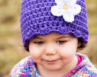 Purple Baby Girl Hat, Custom Crochet Flower Hospital Flapper