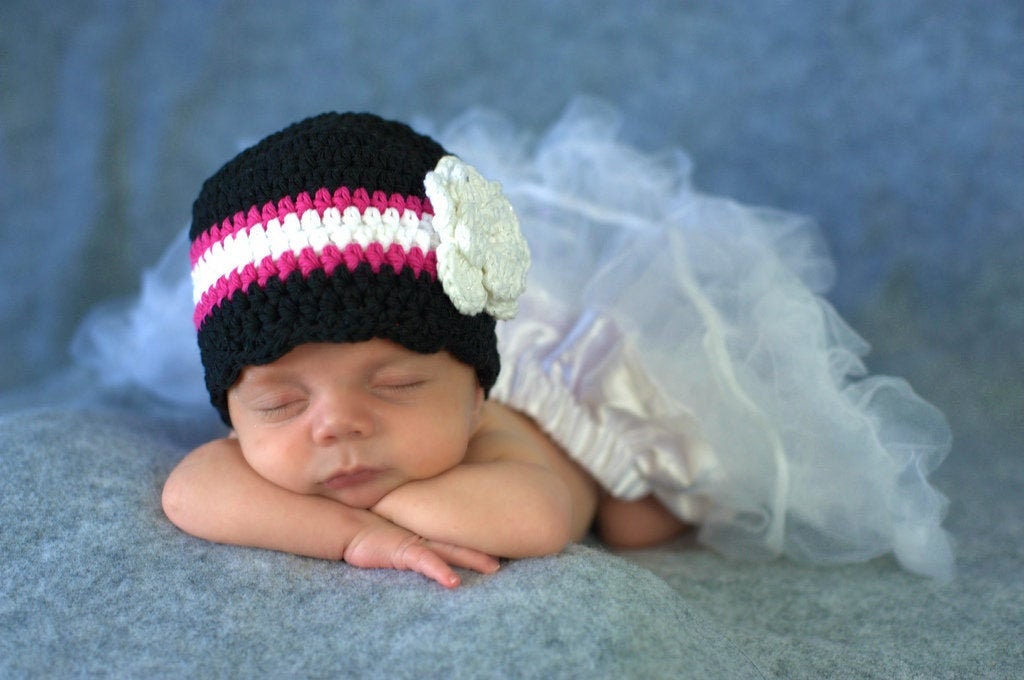 Baby girl hat black white hot pink crochet flower hospital beanie for coming home outfit newborn photo prop unique shower gift larger sizes