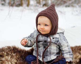 Baby gnome hat 45 colors pixie elf winter bonnet newborn boy toddler girl sizes crochet knit cold weather accessory gift for her brown taupe