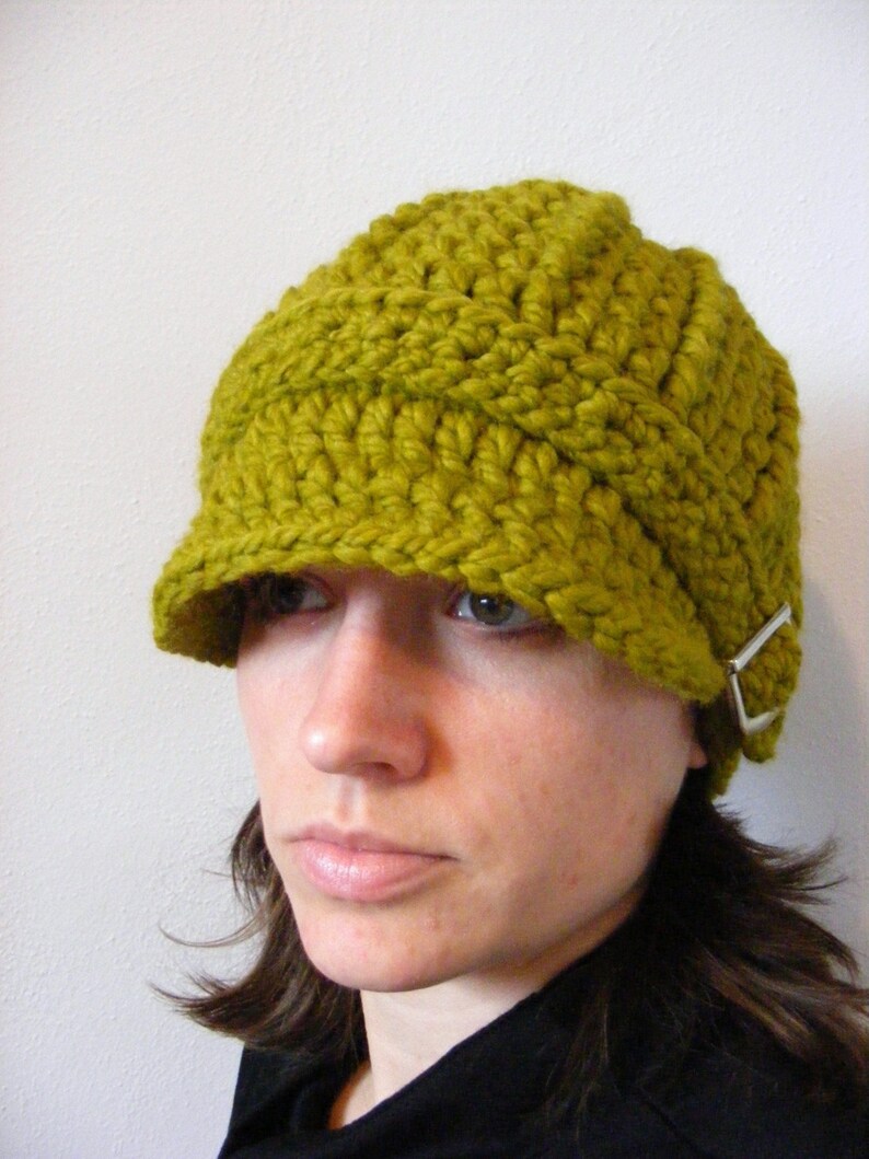 gift for her visor bill brim Women/'s green lemongrass winter hat with silver buckle chunky crochet knit woman/'s fall beanie