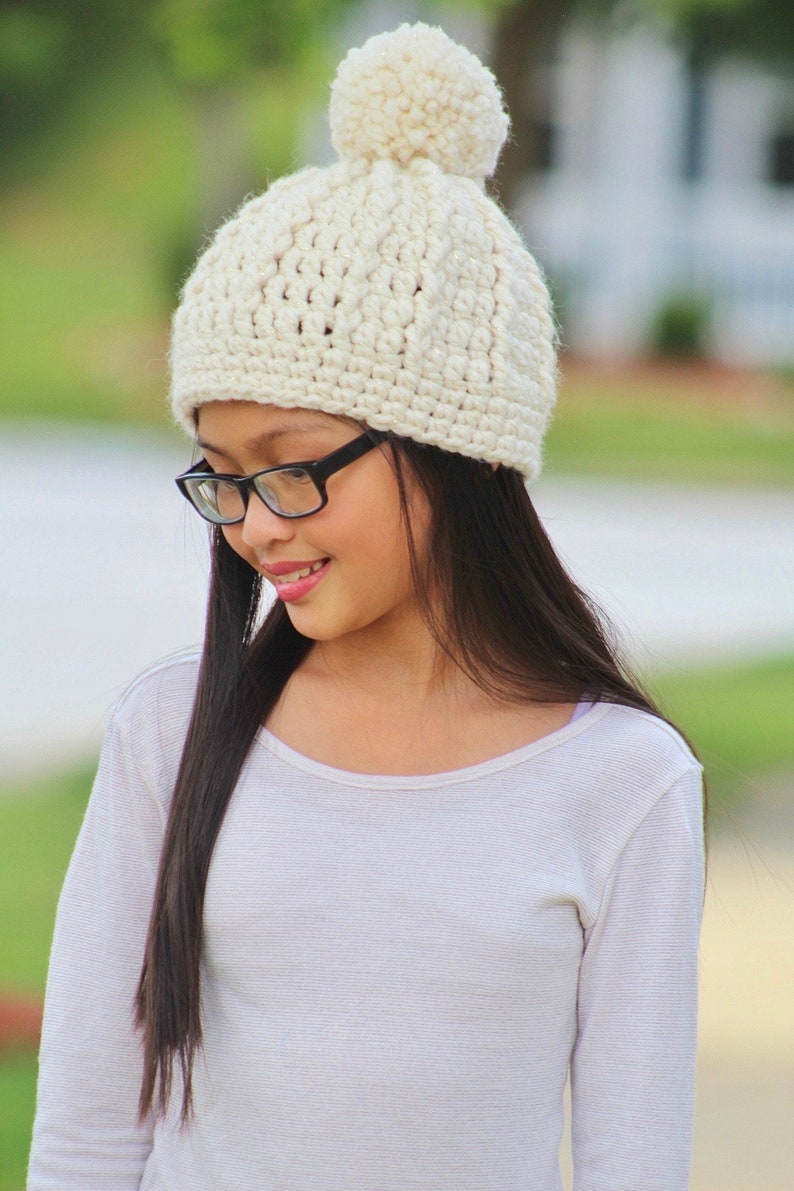 Girls winter hat 39 colors chunky crochet pom beanie cozy knit accessory fall fashion smaller larger sizes gift for her mom cream sparkle image 3