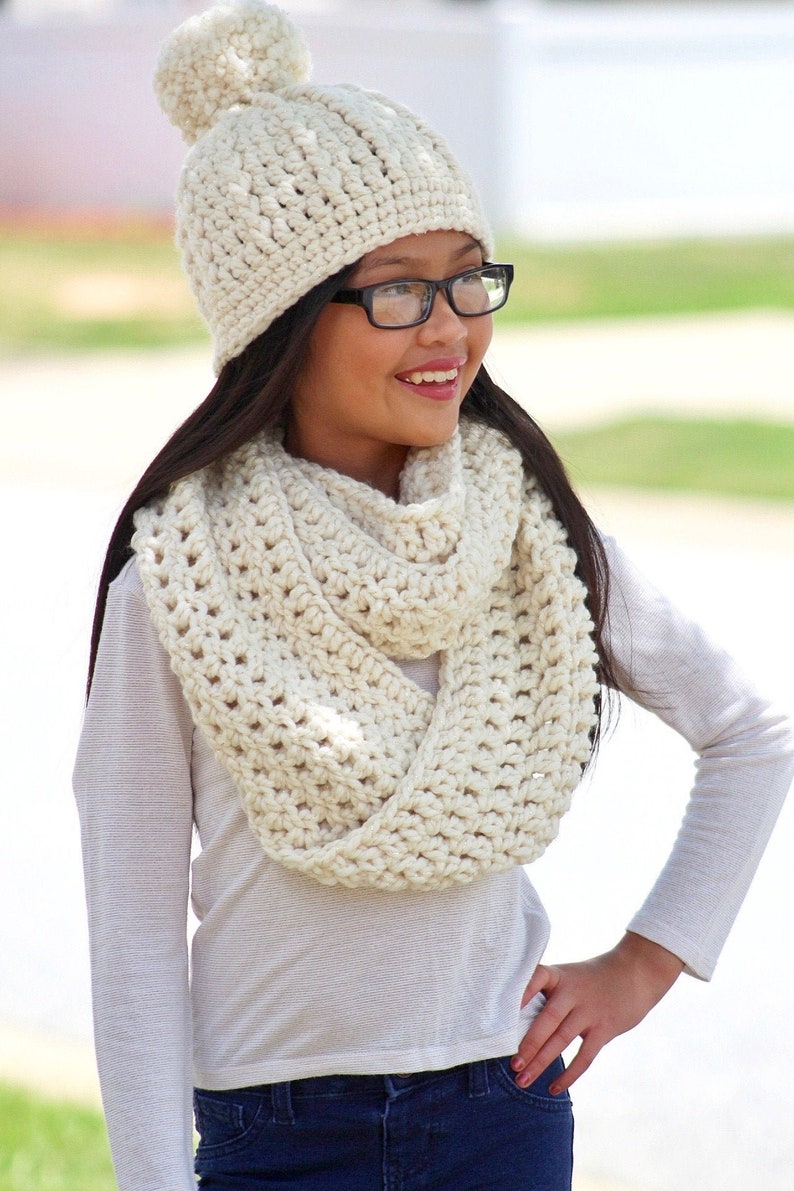 Girls winter hat 39 colors chunky crochet pom beanie cozy knit accessory fall fashion smaller larger sizes gift for her mom cream sparkle image 5