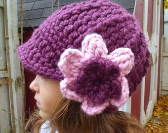 Toddler girl hat purple plum light pink crochet flower chunky knit beanie for fall fashion cozy autumn accessory winter baby - womens sizes