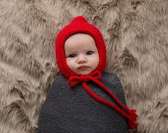 Baby girl elf hat, red gnome hat, pixie hospital bonnet for Christmas coming home outfit, cute holiday photo prop, newborn - womens sizes