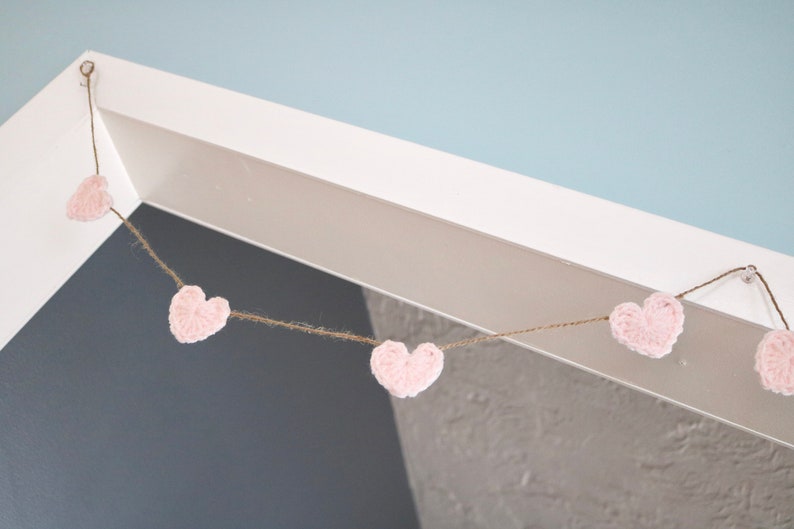 Light pink Valentines Day garland crochet heart rustic farmhouse home decoration for mantel bunting baby girl nursery decor 30 45 60 inch image 5