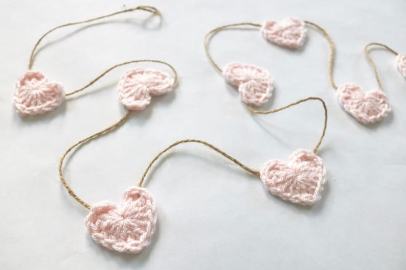 Light pink Valentines Day garland crochet heart rustic farmhouse home decoration for mantel bunting baby girl nursery decor 30 45 60 inch image 1