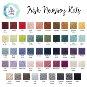 May include: A color chart of yarn samples for knitting or crocheting. The chart includes a variety of colors, including red, blue, green, yellow, purple, pink, and gray. The yarn is labeled with the color name.
