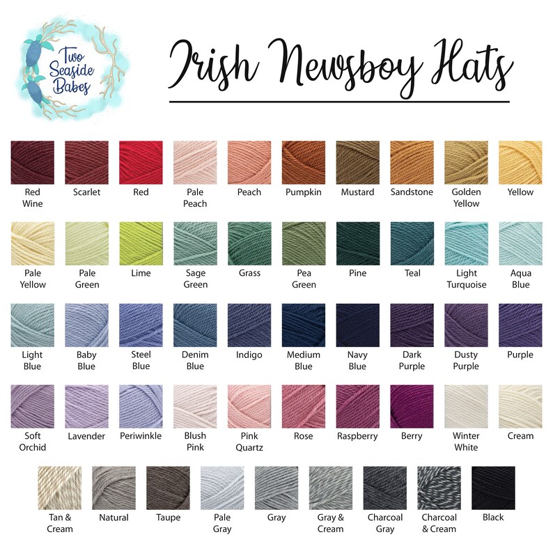 May include: A color chart of yarn samples for knitting or crocheting. The chart includes a variety of colors, including red, blue, green, yellow, purple, pink, and gray. The yarn is labeled with the color name.