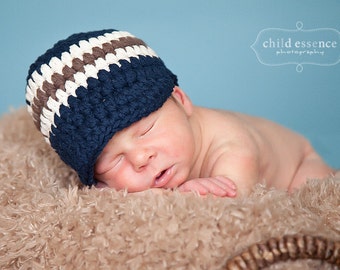 Baby boy hat navy blue brown crochet winter hospital beanie for coming home outfit newborn photography photo prop shower gift larger sizes