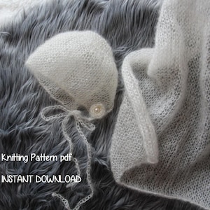 May include: White knitted baby bonnet and shawl with a pearl button. Knitting pattern pdf instant download.
