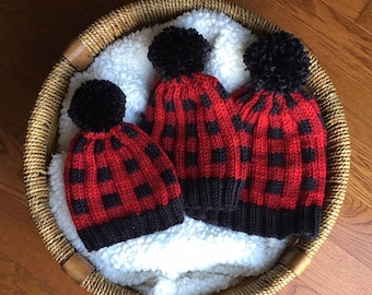 Plaid Hat Knitting Pattern, Buffalo Plaid, Lumberjack, Hipster, Trendy Christmas Red and Black Plaid - PDF 155 4aSong - Instant Download