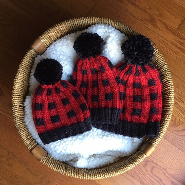 Plaid Hat Knitting Pattern, Buffalo Plaid, Lumberjack, Hipster, Trendy Christmas Red and Black Plaid - PDF 155 4aSong - Instant Download