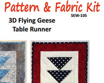 USA Patriotic KiT 3D Flying Geese Table Runner Red White Blue Fabric + SEW-105 Paper PATTERN Home & Table Decor or Wall Hanging Ship Incl