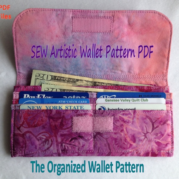 Pdf Wallet PATTERN  in TWO sizes, Organized Wallet SEW-102 DiY Sew Your Own Fabric Credit Card Holder with step by step Text & Diagrams