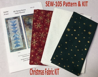 KIT Christmas 3D Flying Geese Table Runner SEW-105 PATTERN diy Home & Table Decor Shipping Included, Green Gold Stars, Red Gold Snowflakes