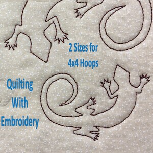 May include: Two brown embroidered lizard designs on a beige fabric background. The text "2 Sizes for 4x4 Hoops" and "Quilting With Embroidery" is also visible.