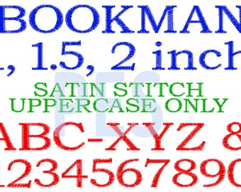 Bookman Embroidery Font in 3 Sizes - 1 inch, 1.5 inch, 2 inch - UPPERCASE - Satin Stitch - pes files