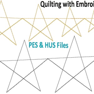 May include: A digital embroidery design featuring five gold stars connected by lines. The text "Quilting with Embroidery" is at the top of the image. The text "PES & HUS Files" is in the center of the image.