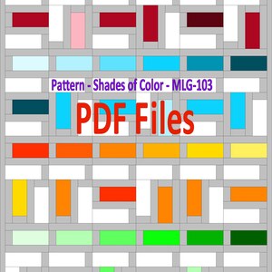 以下が含まれることがあります： 赤、ピンク、青、黄、オレンジ、緑の色合いで構成されたカラフルなキルトパターン。パターン名は「Shades of Color - MLG-103」で、PDFファイルとして入手可能です。