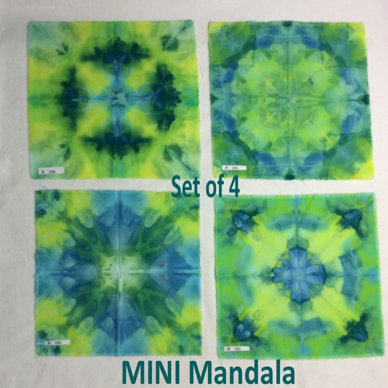 Blue Tie Dyed Hippie Mirror Symmetry Ice Dyed MINI-Mandala Fabric Square Aprox 11 x 11 Inches OOAK Symmetry Green Set of 4