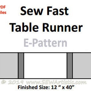 May include: Sew Fast Table Runner E-Pattern PDF sewing pattern. The pattern is for a table runner that is 12 inches by 40 inches.