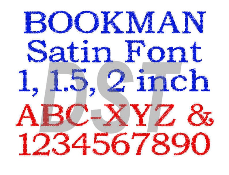 DST Files 1 inch, 1.5 inch, 2 inch Bookman Embroidery Font Satin Stitch in 3 Sizes Download Free Shipping image 1