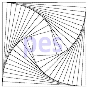 Pode incluir: Design de arte de linha preto e branco com uma forma quadrada e um padrão espiral no centro.