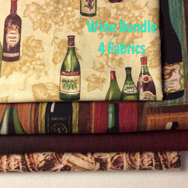 Wine Theme BUNDLE 4 Fabrics, OvEr 3 Yds, Bottles of WiNE, Variegated Burgundy, CORKS Beige & Brown  Cotton Quilting SPX Fabrics Ship Incl