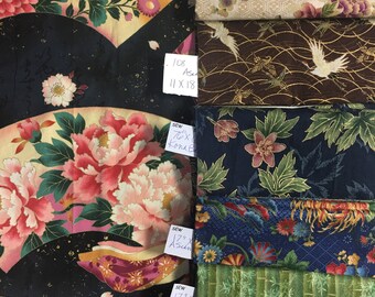 2.5 Yds Asian Bundle Cotton Quilting Fabric, 6 pieces total, 12.5 oz Total! Fans Lady Flowers Banboo Cranes Ship Included