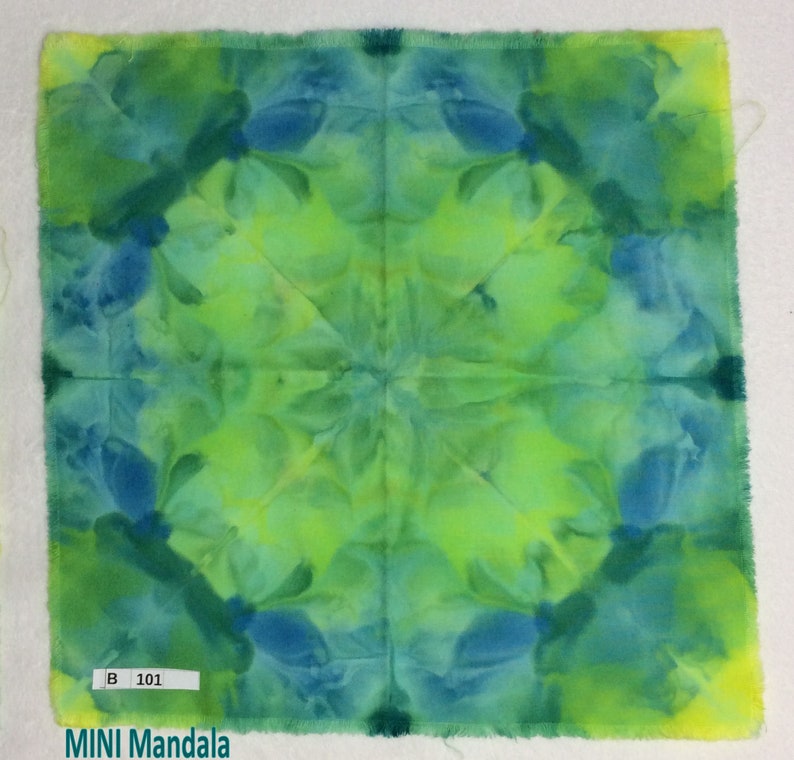 Blue Tie Dyed Hippie Mirror Symmetry Ice Dyed MINI-Mandala Fabric Square Aprox 11 x 11 Inches OOAK Symmetry Green Set of 4