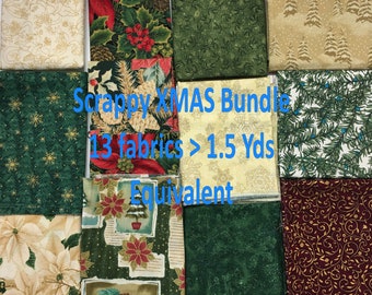Scrappy Xmas Bundle of 13 Pieces, Over 1.5 Yds Bundle Cotton Quilting Fabric, 13 pieces total, 8.5 oz Total!  Ship Included