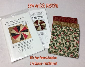 Holly & Pine Cones KIT + PATTERN Modern Two Sided Spiral Christmas Tree Skirt SEW-104 Diy Scrappy Variation Included  35 - 40"